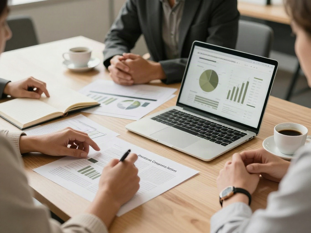 Professionals reviewing analytics reports and discussing business priorities around a table